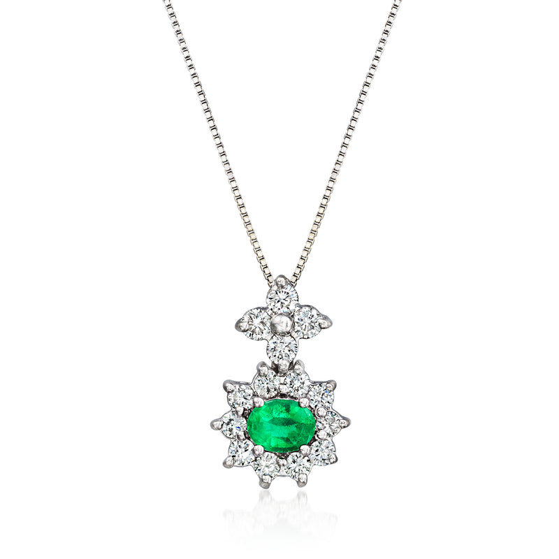 Emerald green gemstone and diamond cluster pendant on white gold chain