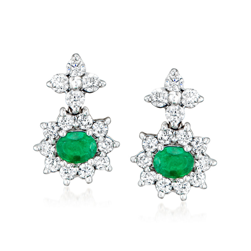 Vintage emerald-green and diamond cluster stud earrings, white gold post settings