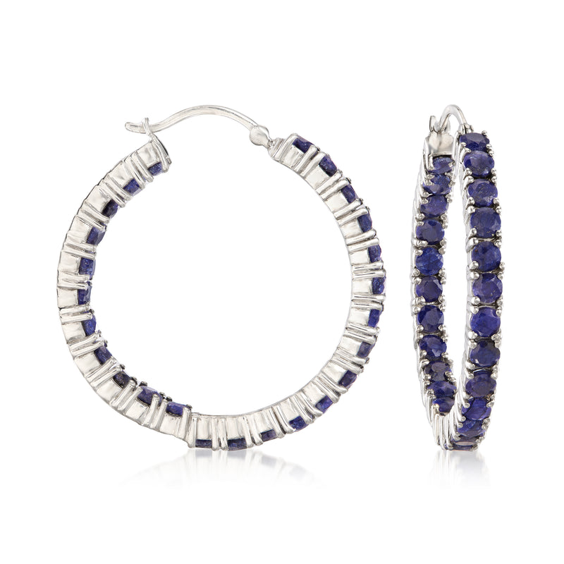 Sterling silver hoop earrings with inside-out blue sapphire rows