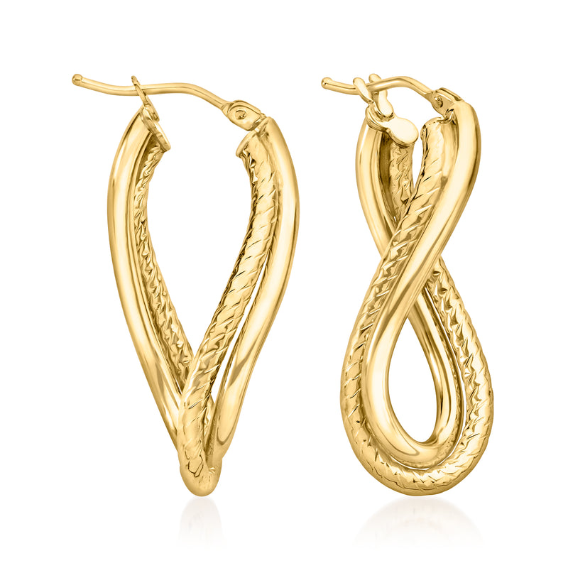 14k yellow gold twisted double-hoop drop earrings, polished twisted loops