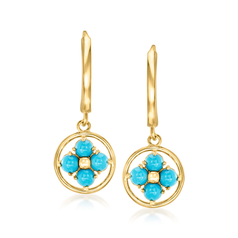 10kt yellow gold hoop drop earrings with turquoise flower detail