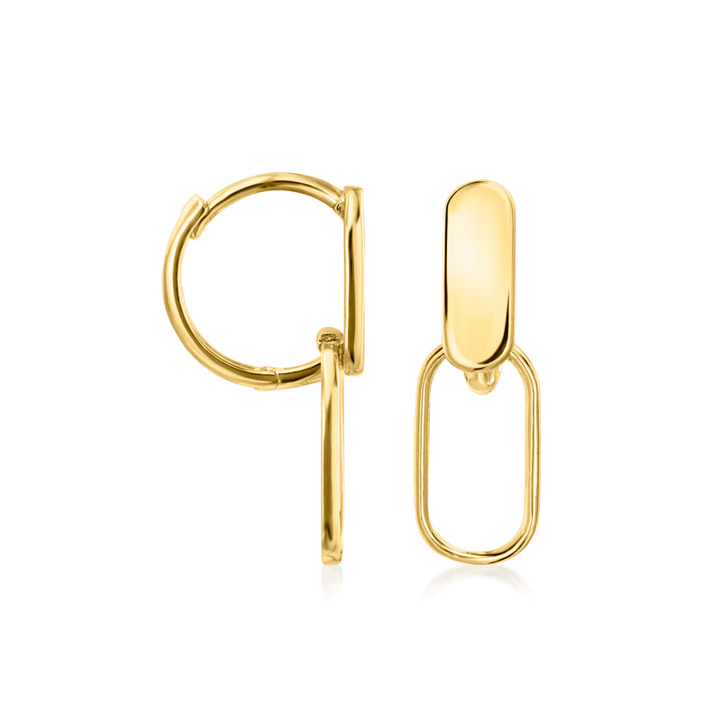 10kt yellow gold paperclip link hoop drop earrings, oval hoops with clasp detail