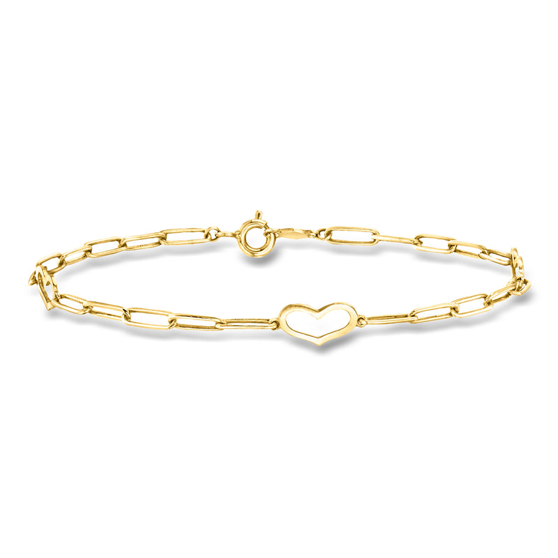 10kt yellow gold paper clip link bracelet with center heart charm and clasp