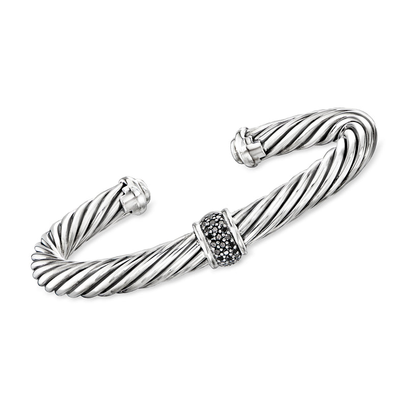 Sterling silver twisted cuff bracelet with black diamond pavé center