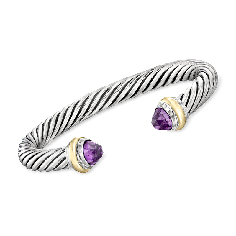 Twisted sterling silver cuff bracelet with amethyst gemstone and 14kt yellow gold accents