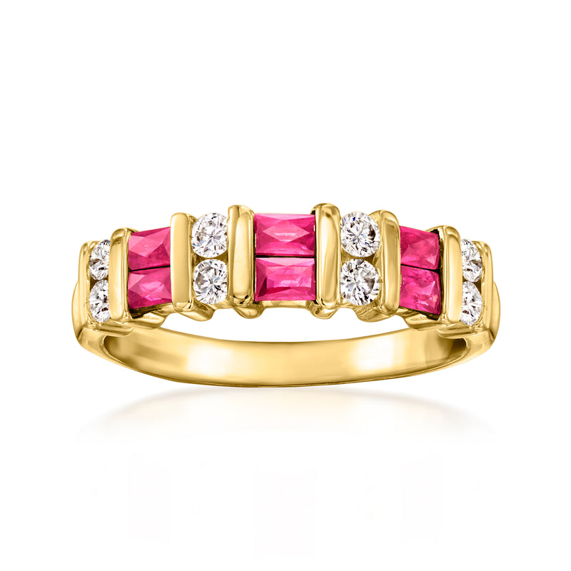 Vintage ruby and diamond station ring in 14k yellow gold with pink gemstones