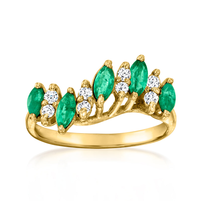14kt yellow gold curved ring with green emerald and white diamond accents