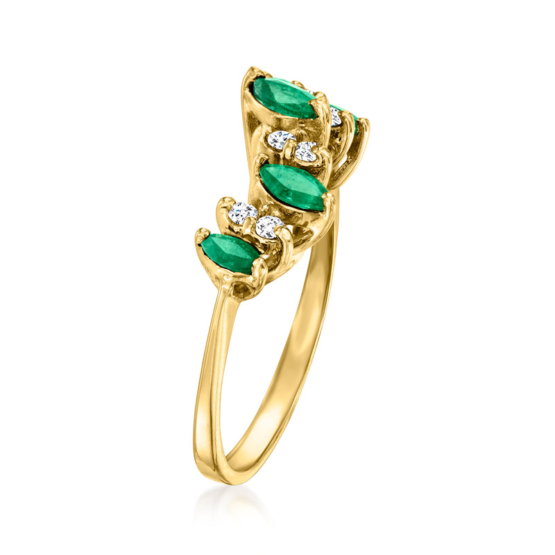 14kt yellow gold curved ring with green emerald and white diamond clusters