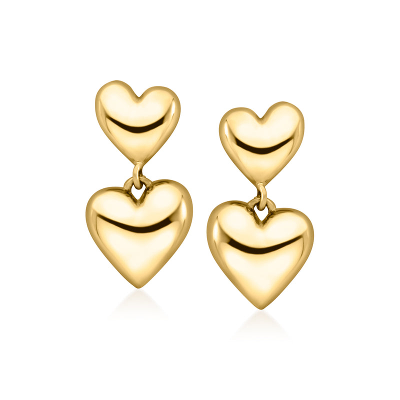 Double-heart drop earrings in yellow gold with three connected heart charms