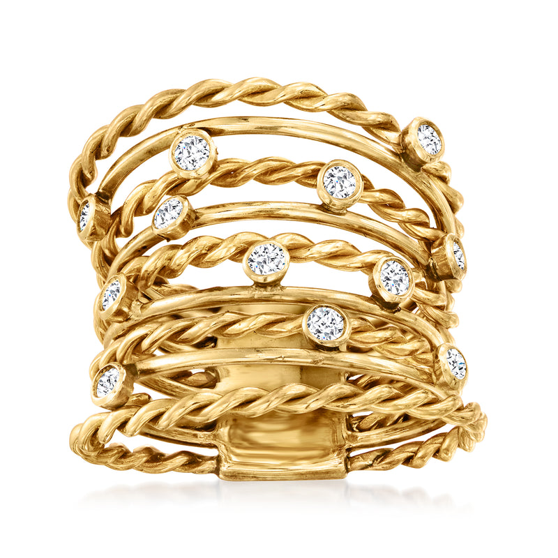 18kt yellow gold diamond multi-row ring with braided band and round bezel-set stones