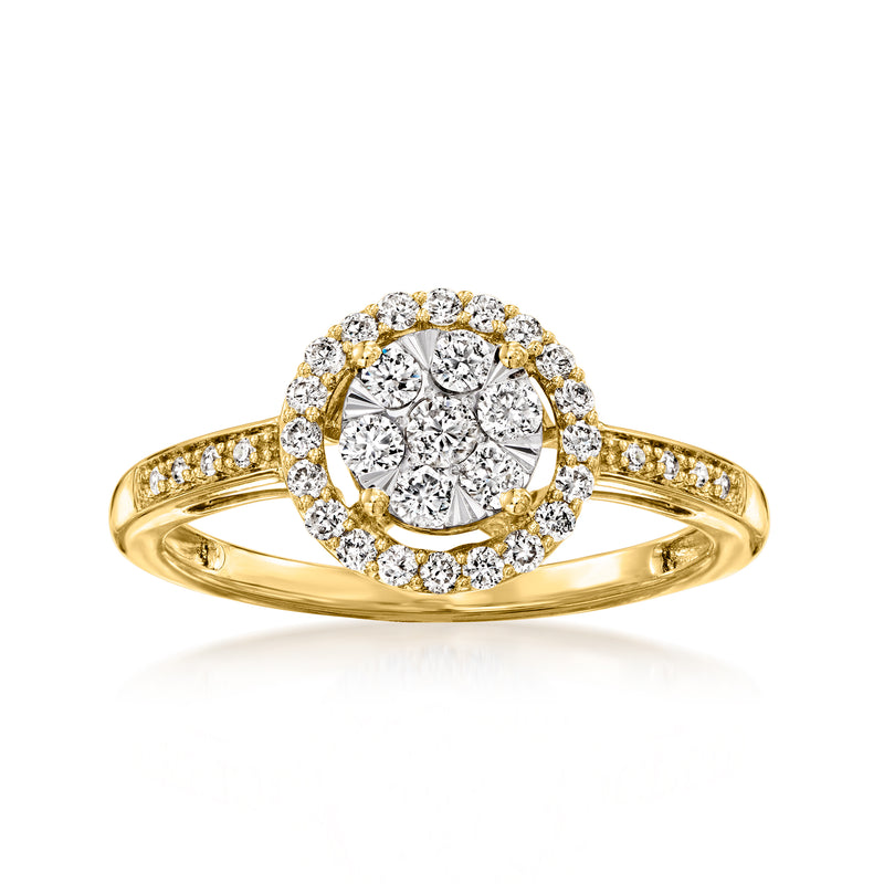 Vintage diamond cluster ring in 14kt yellow gold with round halo center stones