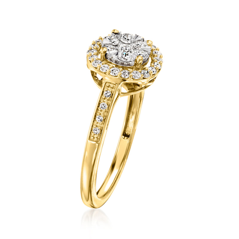 14kt yellow gold diamond cluster ring with round center stone and halo, side view