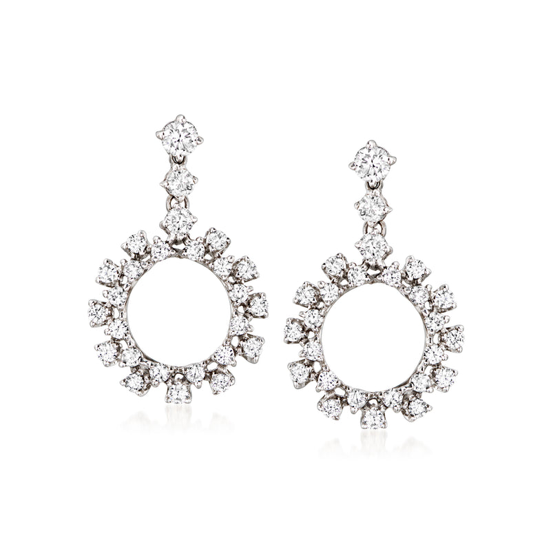 White gold diamond circle drop earrings with round halo and dangling clusters