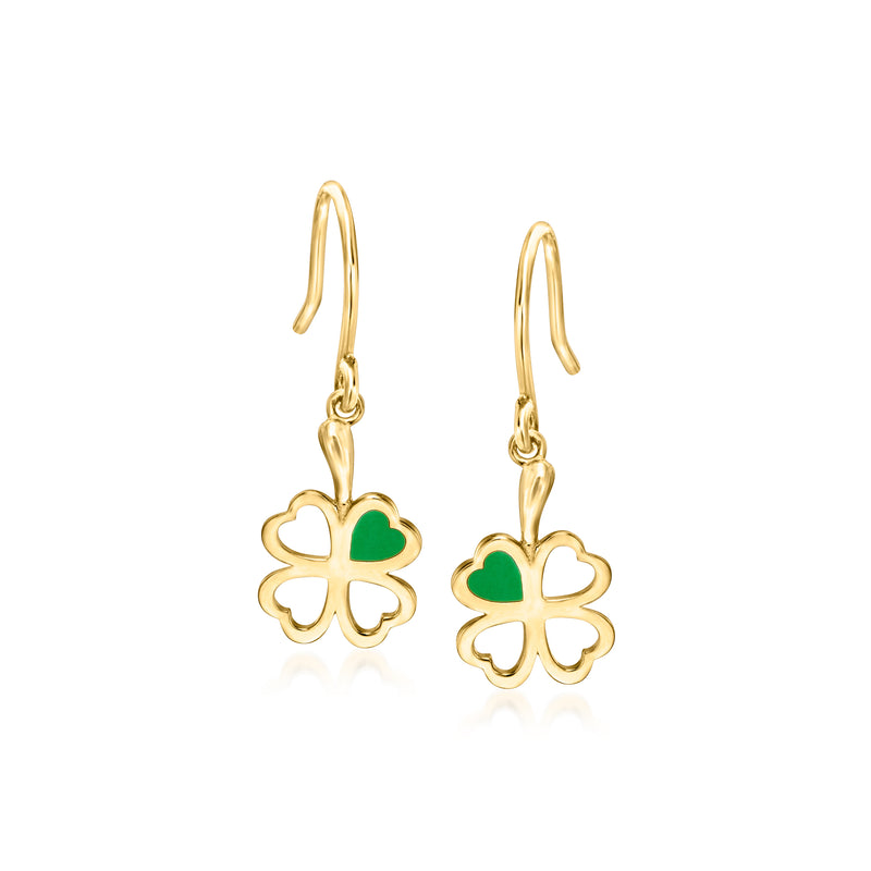 Shamrock drop earrings in 14kt yellow gold with green enamel, hoop earwires