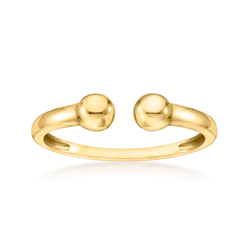 Yellow gold open ring with two rounded bead accents, shiny finish