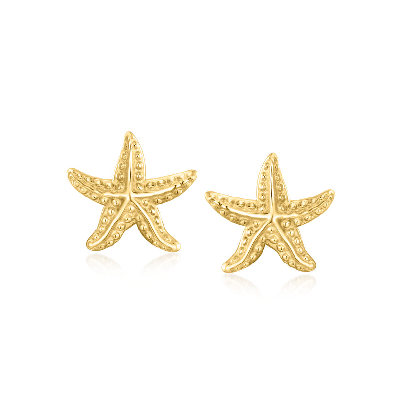 14kt yellow gold starfish stud earrings, textured starfish on posts