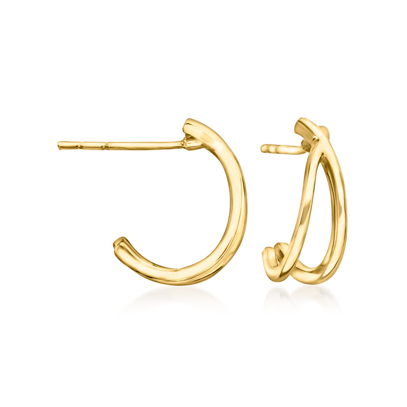 10kt yellow gold split C-hoop earrings with post backs, open hinged hoop shape