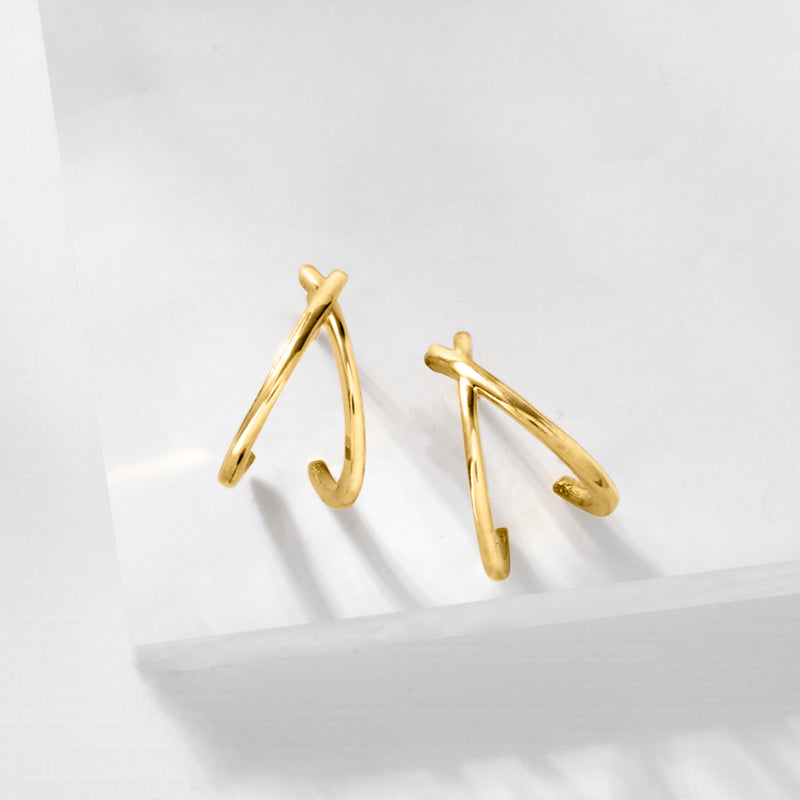 Yellow gold split C-hoop earrings with post studs, open arch profile