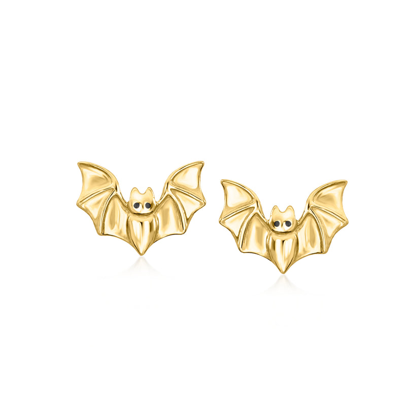 14kt yellow gold bat post earrings with small open-mouthed face