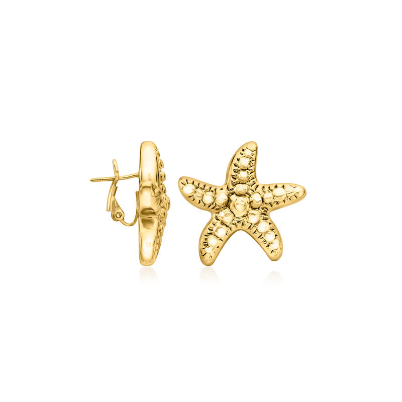 Gold starfish stud earrings shown with post backs in side view