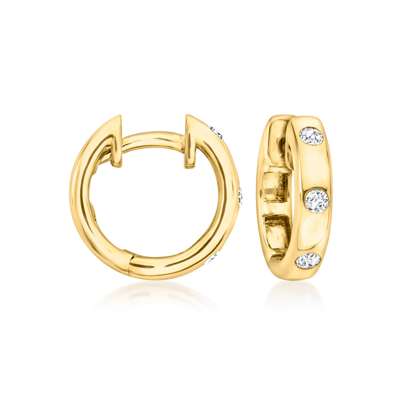 18kt gold over sterling diamond hoop earrings, round hoops with three small clear stones