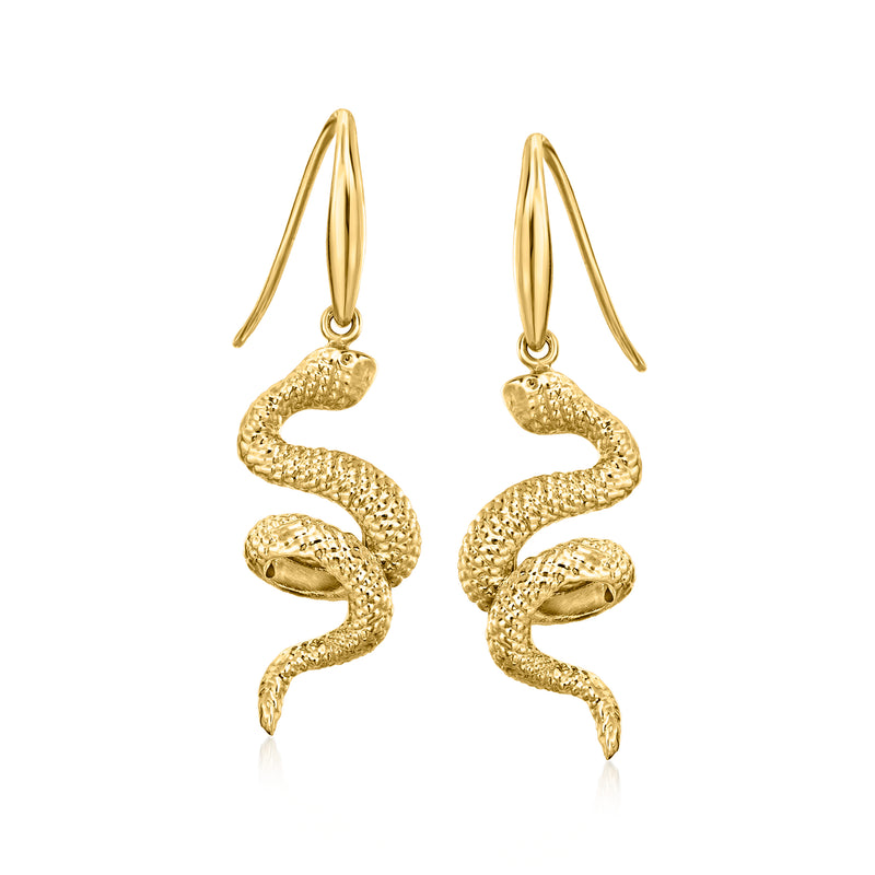 Italian 18kt yellow gold coiled snake drop earrings, textured finish with earwire hooks
