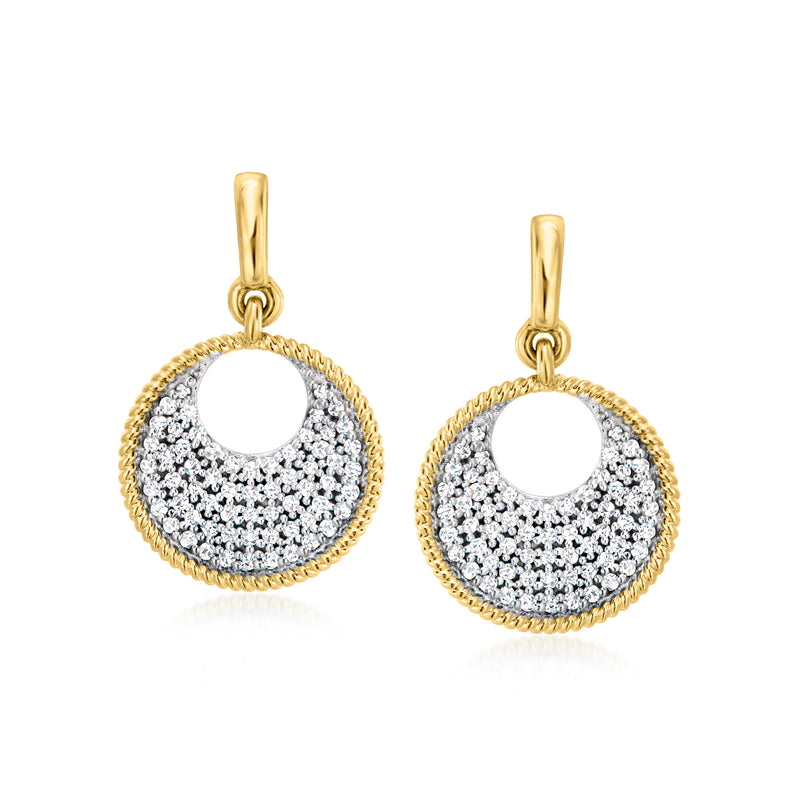 14kt yellow gold pave diamond disc drop earrings, round glitter halo