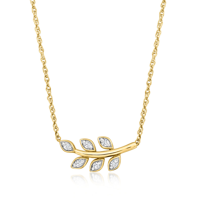 Gold leaf diamond necklace with five teardrop stones on a curved bar pendant