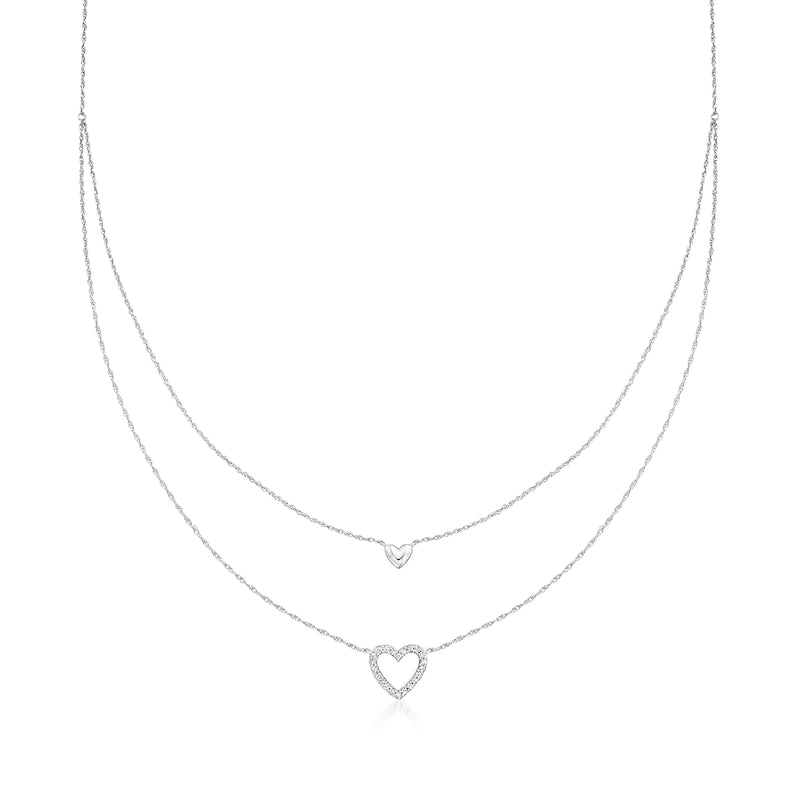 Sterling silver layered double-heart necklace with small diamond accents
