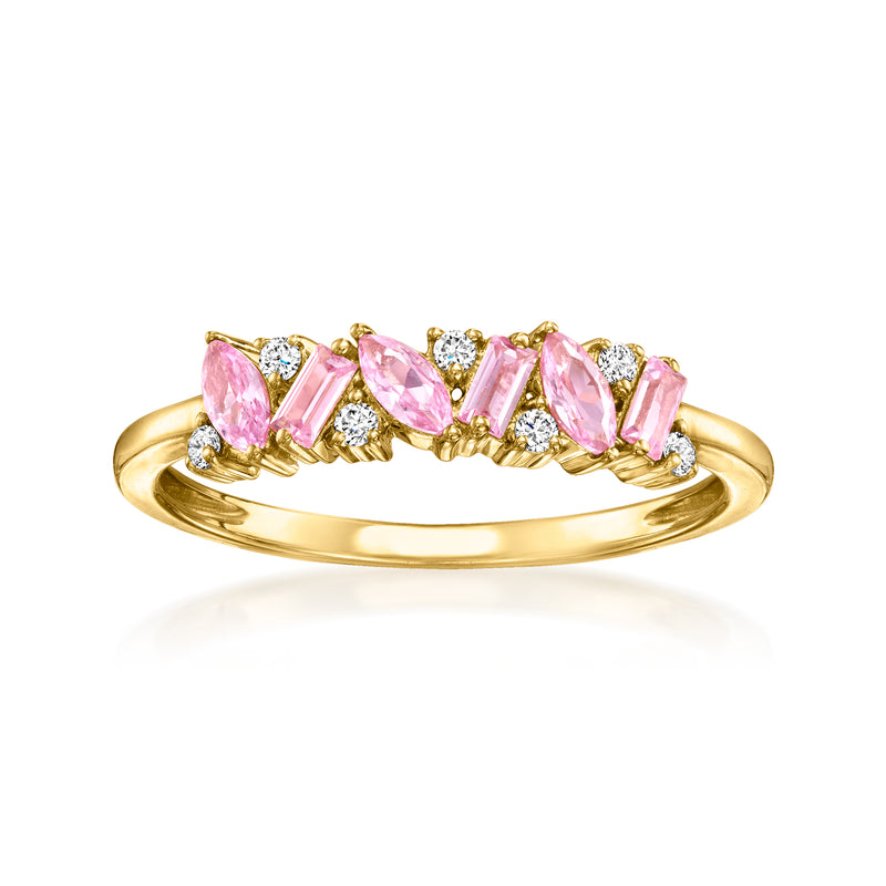 Gold vermeil ring with pink oval sapphire rows and small clear diamond accents