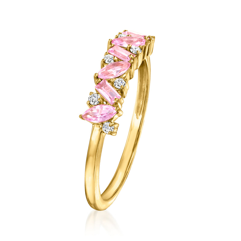 Side view of gold vermeil ring with oval pink sapphire stones and diamond accents