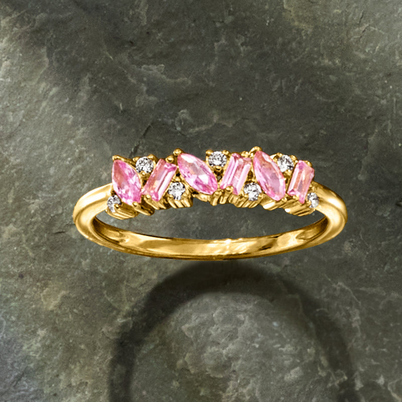 Gold vermeil ring with five pink oval sapphires and clear diamond accents