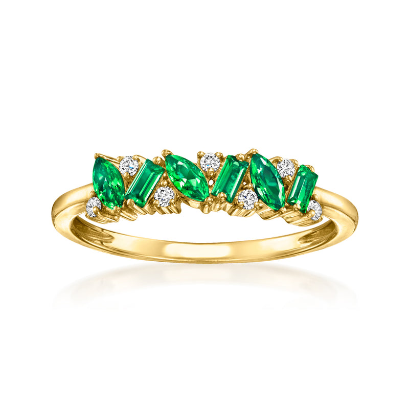 18kt gold vermeil ring with green emerald marquise stones and diamond accents, full band