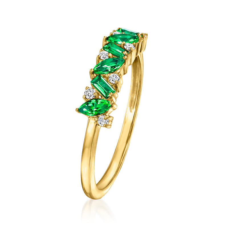 Gold vermeil emerald and diamond band ring with raised marquise green stones and sparkles