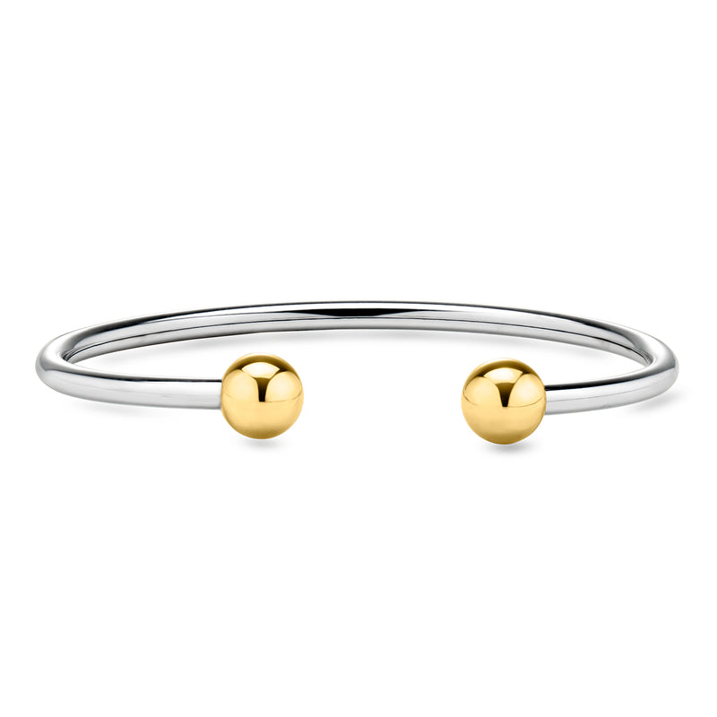 Sterling silver ball cuff bracelet with two gold-toned end beads