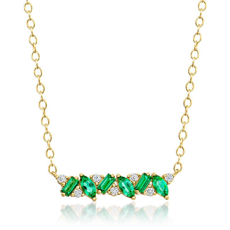 18kt gold vermeil necklace with emerald-green marquise stones and diamond accents