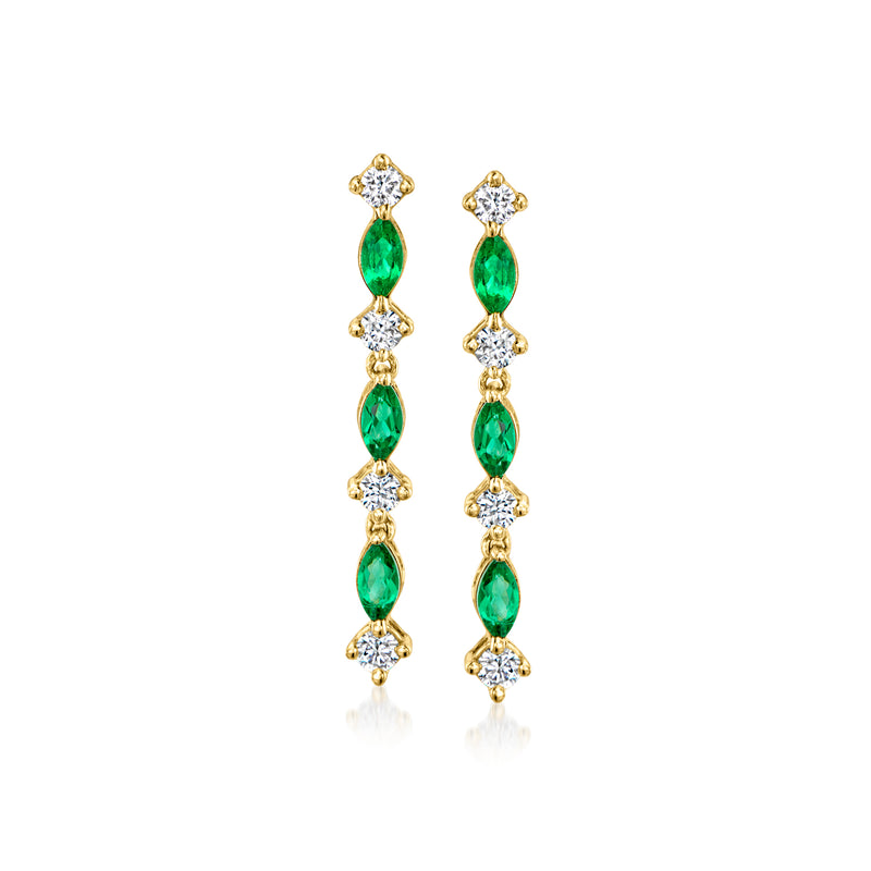 18kt gold vermeil drop earrings with green oval stones and clear round diamonds