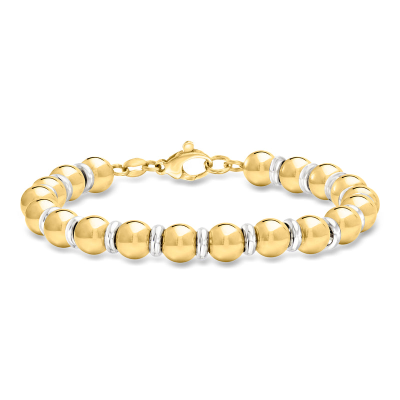 Two-tone bead bracelet with gold and silver round beads and toggle clasp