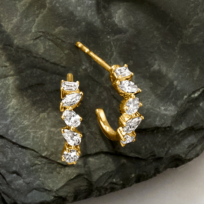 Gold vermeil hoop earrings with stacked round and baguette-cut diamond accents