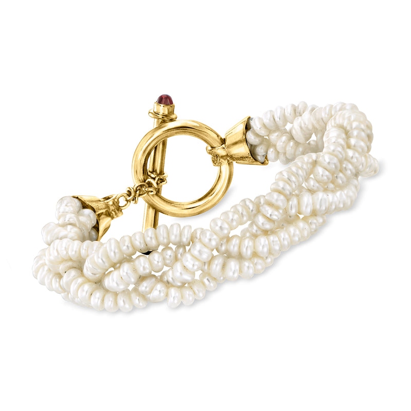 Cultured pearl braided bracelet with 14kt yellow gold clasp and link ring