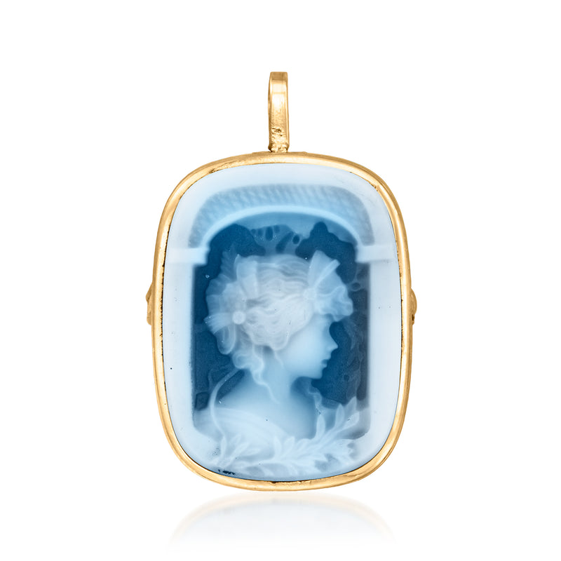 14kt yellow gold oval cameo pendant with blue agate-style background