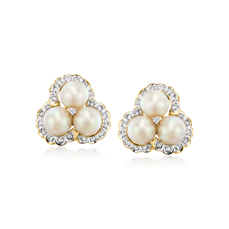 Vintage yellow gold pearl cluster earrings with round cultured pearls and diamond halo