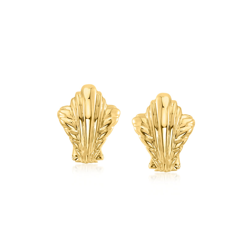 Gold ridged shell-style stud earrings, textured 18k yellow gold look