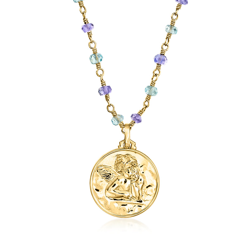 Vintage yellow gold guardian angel pendant necklace with purple and blue gemstone beads