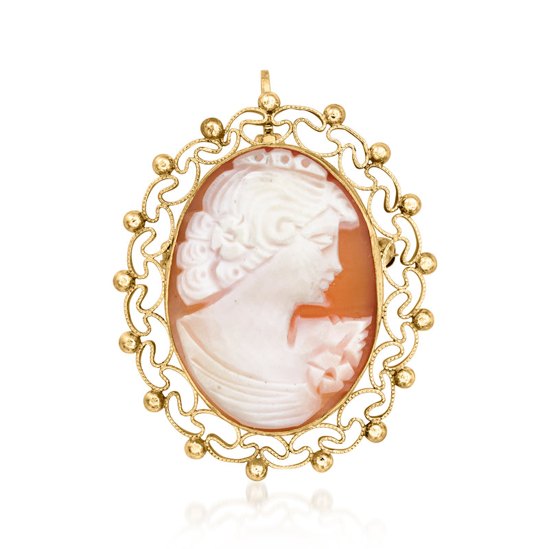 10kt yellow gold cameo pendant with oval brown shell and white profile relief