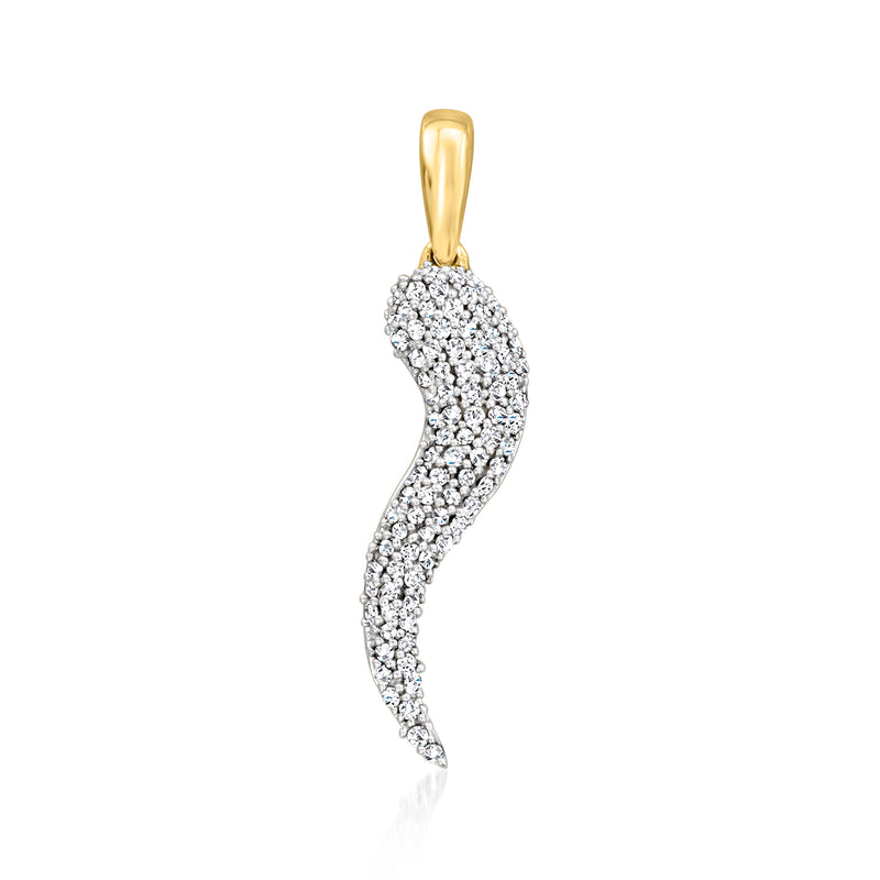 Yellow gold diamond horn pendant with curved, pave-like silver-toned surface.