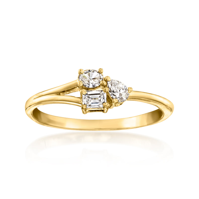 Gold vermeil ring with three multi-cut lab-grown diamond accents, round and baguette