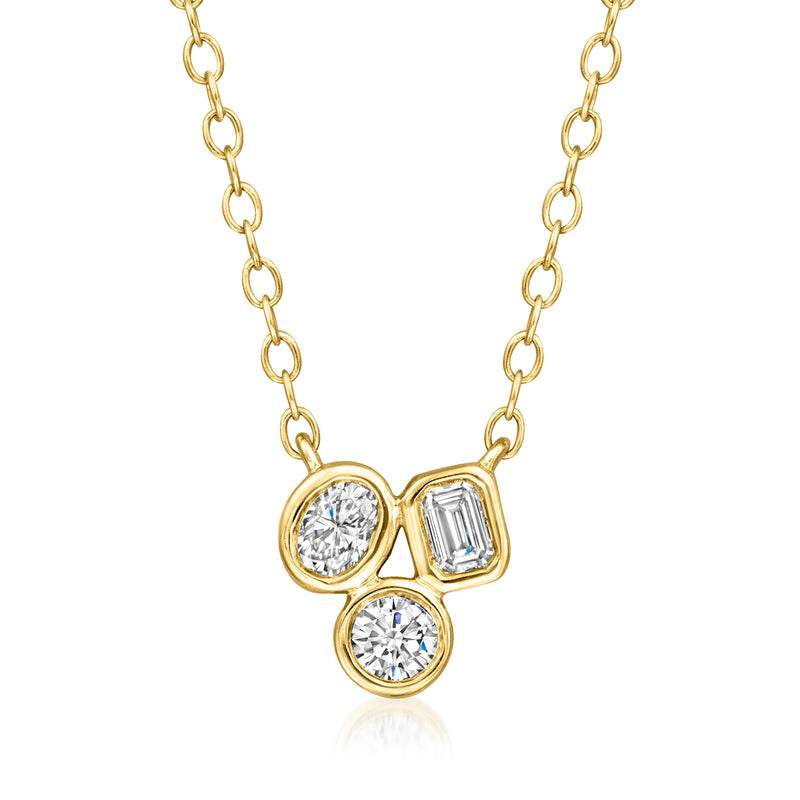 18kt gold vermeil necklace with three lab-grown diamonds: round, baguette, and round