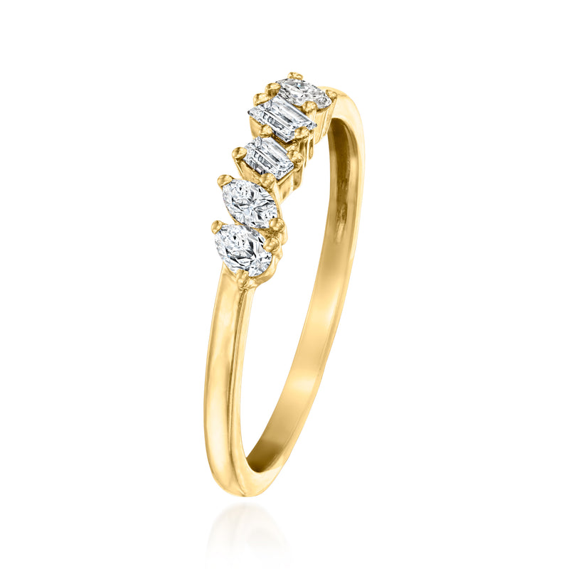 Gold over sterling diamond ring, side view, multi-shaped stones in yellow prongs.