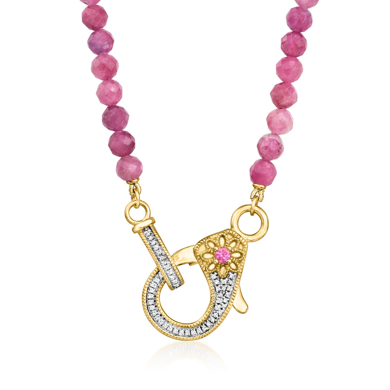 Gold over sterling beaded necklace with pink stones, U-shaped lobster clasp, and charm